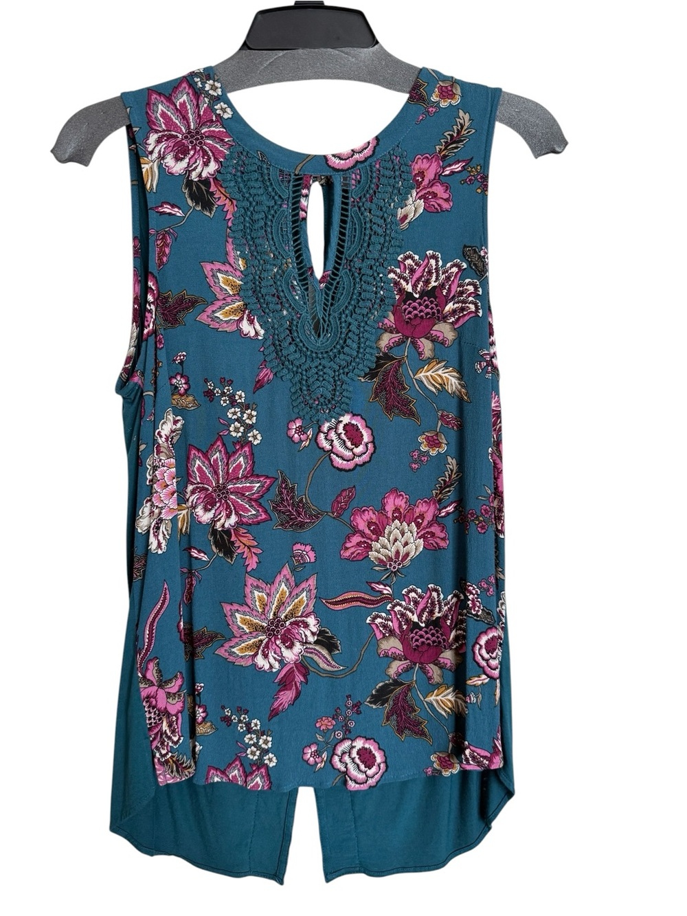 Daniel Rainn Teal Floral Crochet-Detail Tank. High low hem.